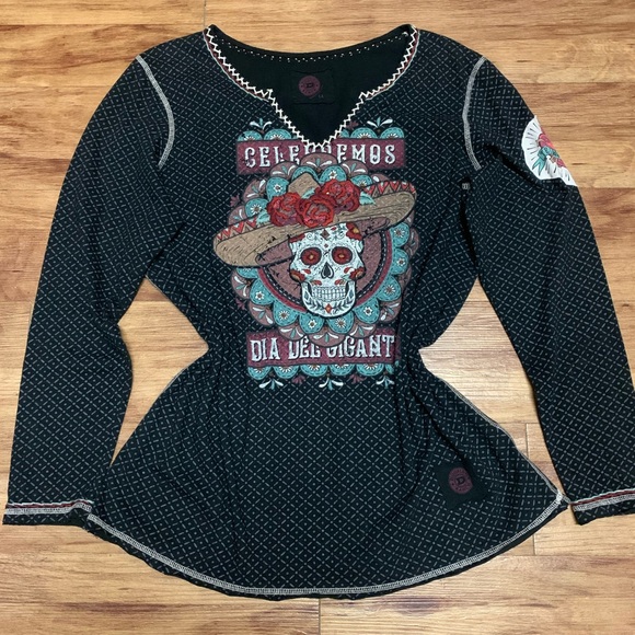 Double D Ranch Black Long Sleeve Día del Gigante Design Embroidery Top Cotton - Picture 4 of 16